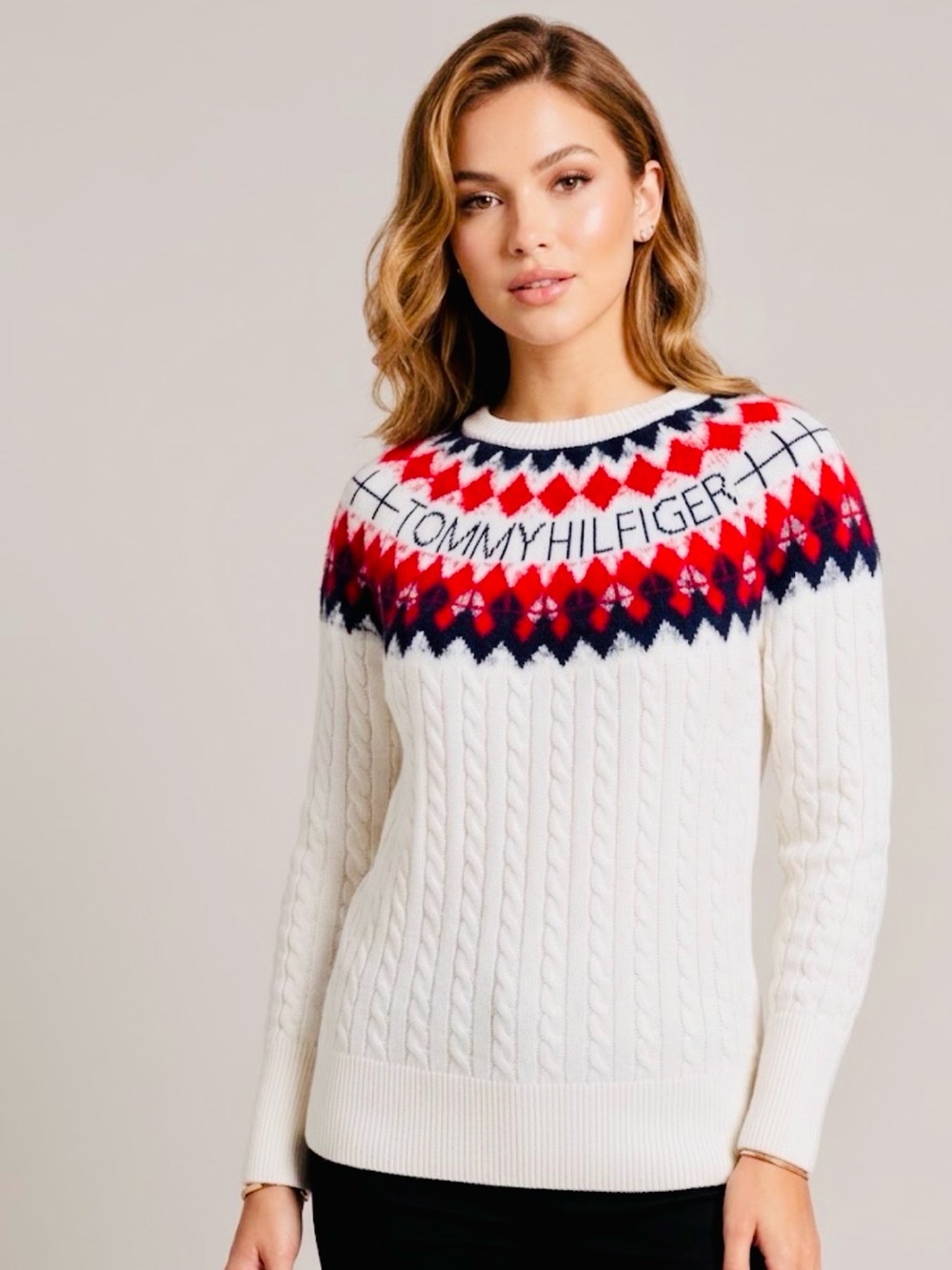 Tommy Hilfiger Women’s Fair Isle Cable Knit Sweater Logo Yoke Medium M